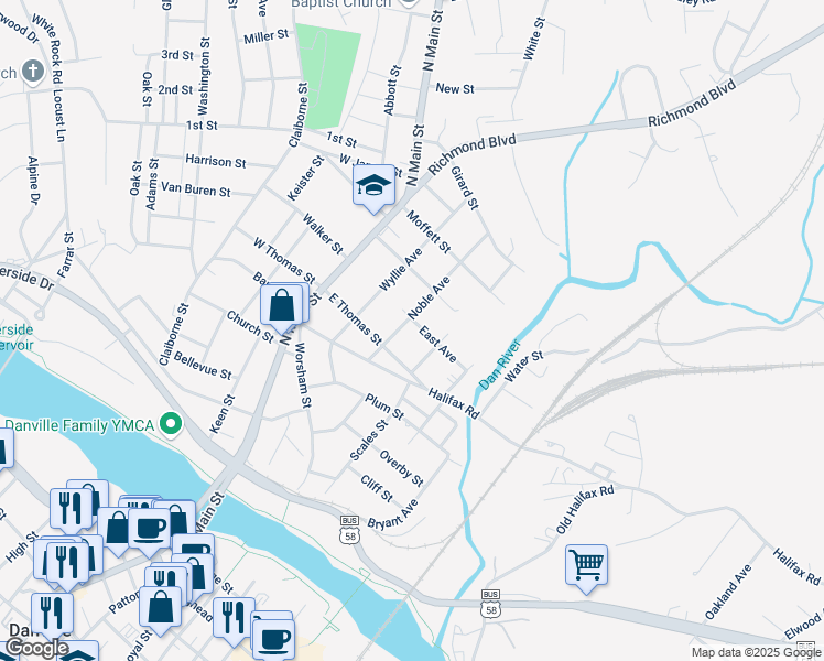 map of restaurants, bars, coffee shops, grocery stores, and more near 824 Noble Avenue in Danville