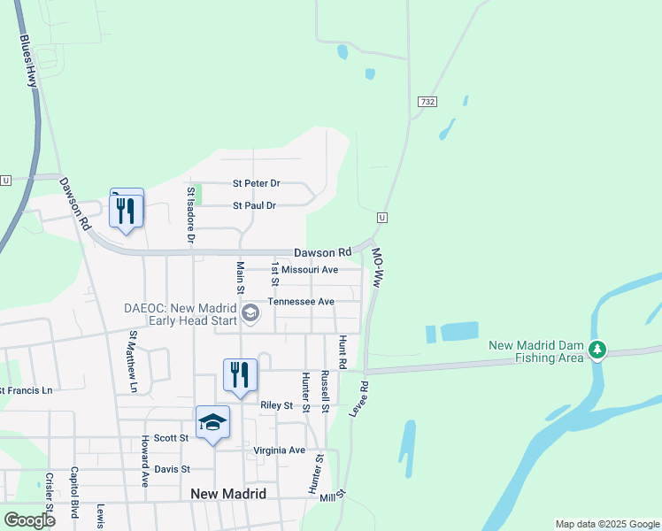 map of restaurants, bars, coffee shops, grocery stores, and more near 217 Missouri Avenue in New Madrid