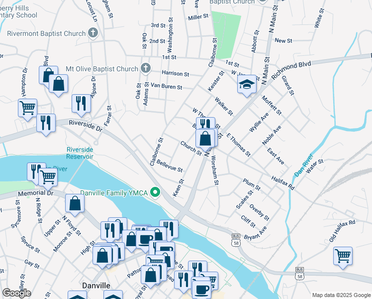 map of restaurants, bars, coffee shops, grocery stores, and more near 301 Church Street in Danville
