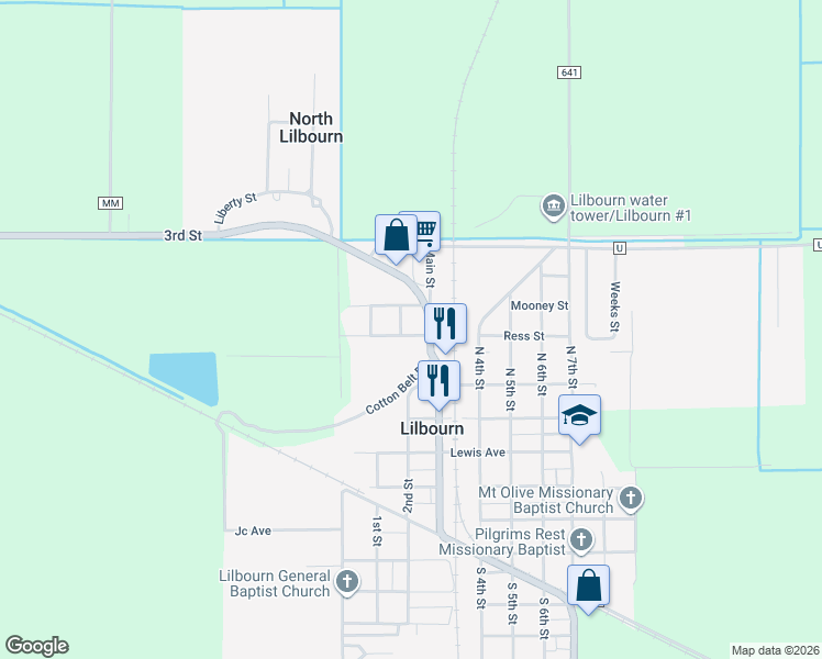 map of restaurants, bars, coffee shops, grocery stores, and more near 115 Baden Street in Lilbourn