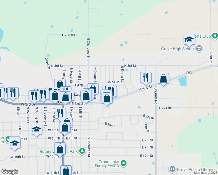 map of restaurants, bars, coffee shops, grocery stores, and more near 106 Saint Andrews Lane in Grove