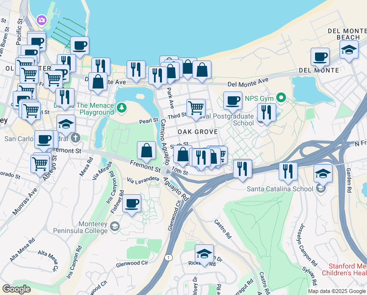 map of restaurants, bars, coffee shops, grocery stores, and more near 1102 Sixth Street in Monterey
