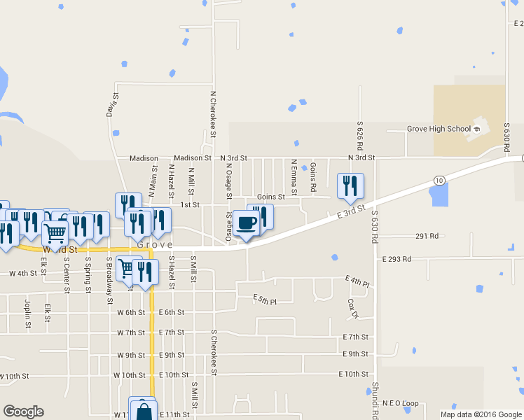 map of restaurants, bars, coffee shops, grocery stores, and more near 106 Saint Andrews Lane in Grove