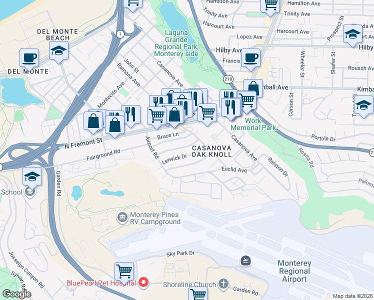 map of restaurants, bars, coffee shops, grocery stores, and more near 242 Littleness Avenue in Monterey