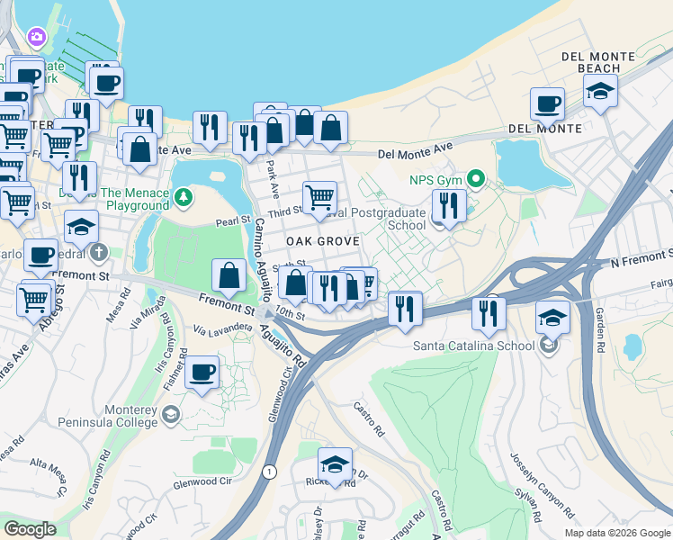 map of restaurants, bars, coffee shops, grocery stores, and more near 602 Ocean Avenue in Monterey