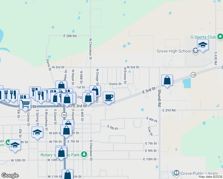 map of restaurants, bars, coffee shops, grocery stores, and more near 106 Saint Andrews Lane in Grove