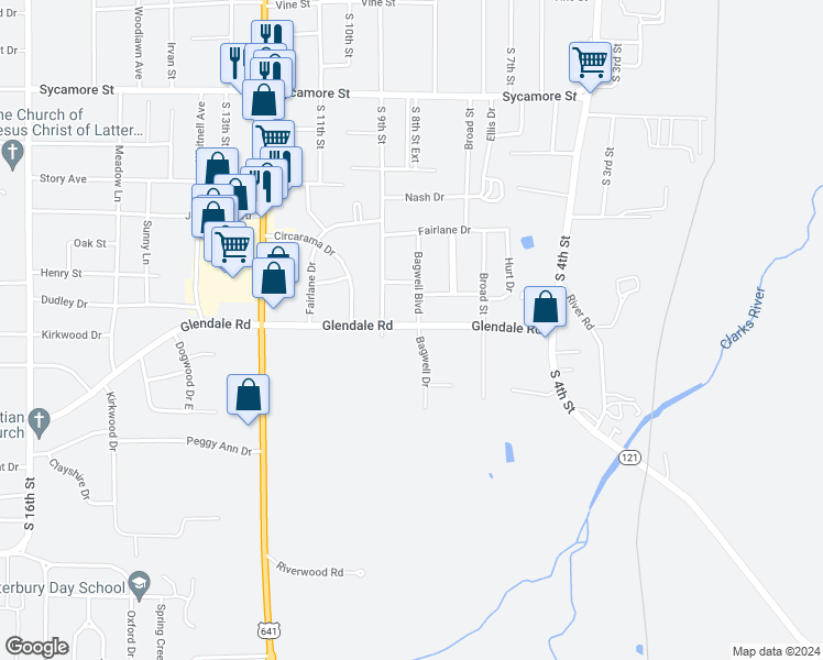 map of restaurants, bars, coffee shops, grocery stores, and more near 821 Glendale Road in Murray