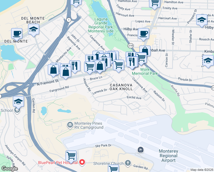 map of restaurants, bars, coffee shops, grocery stores, and more near 242 Littleness Avenue in Monterey