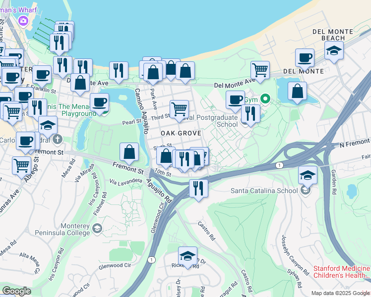 map of restaurants, bars, coffee shops, grocery stores, and more near 602 Ocean Avenue in Monterey