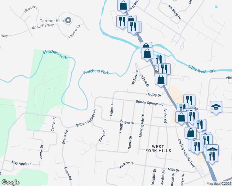 map of restaurants, bars, coffee shops, grocery stores, and more near 178 Hadley Drive in Clarksville