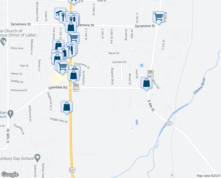 map of restaurants, bars, coffee shops, grocery stores, and more near 821 Glendale Road in Murray