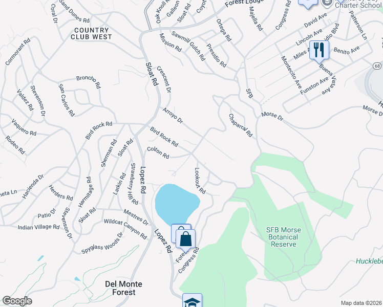 map of restaurants, bars, coffee shops, grocery stores, and more near Bird Rock Road & Colton Road in Del Monte Forest