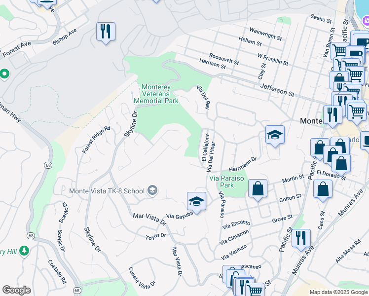 map of restaurants, bars, coffee shops, grocery stores, and more near 331 Dry Creek Road in Monterey