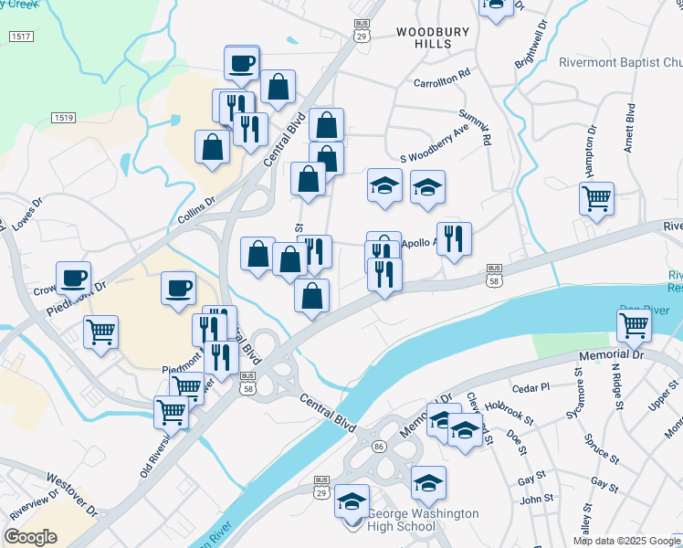 map of restaurants, bars, coffee shops, grocery stores, and more near 222 Courtland Street in Danville