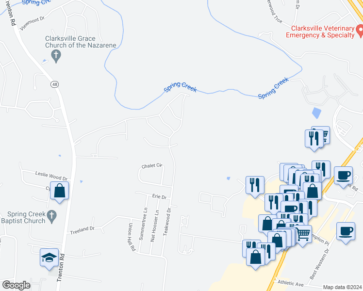 map of restaurants, bars, coffee shops, grocery stores, and more near 392 Zurich Court in Clarksville