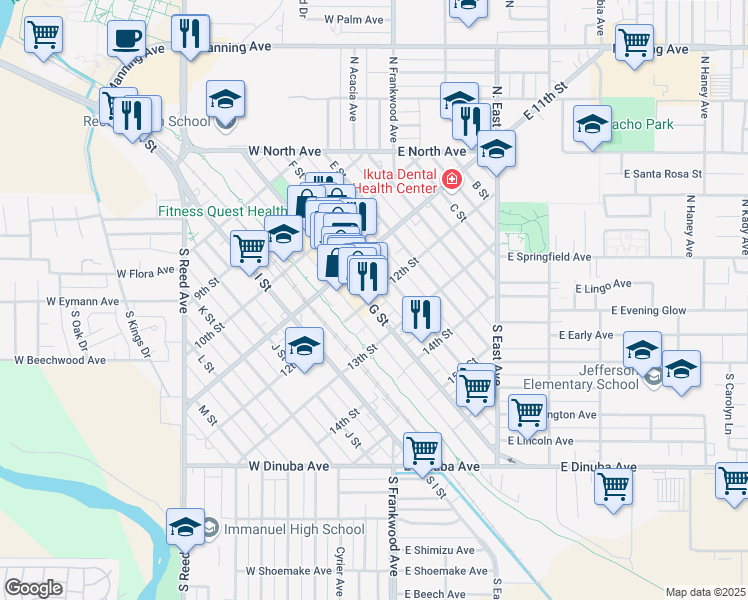 map of restaurants, bars, coffee shops, grocery stores, and more near 1680 12th Street in Reedley