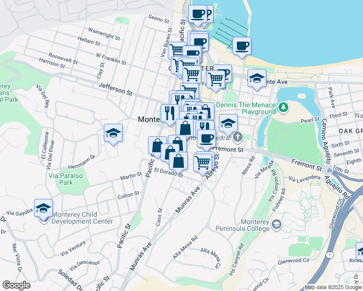 map of restaurants, bars, coffee shops, grocery stores, and more near 576 Hartnell St in Monterey