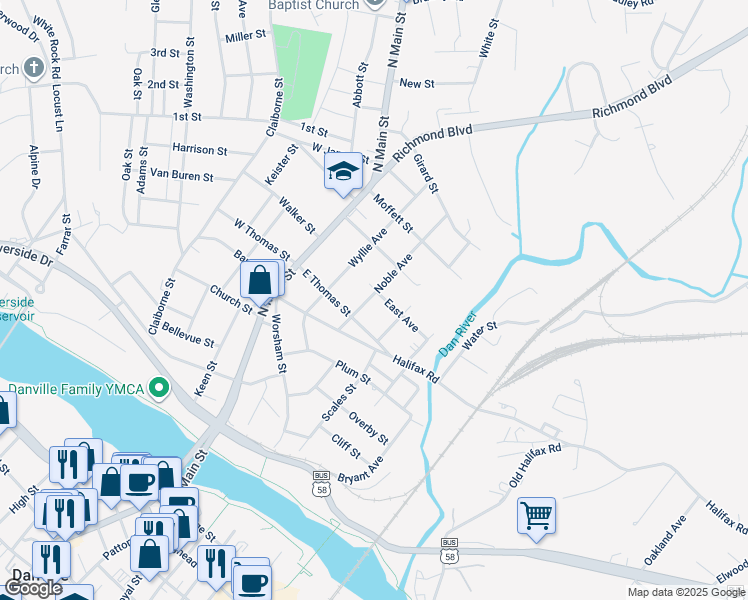 map of restaurants, bars, coffee shops, grocery stores, and more near 824 Noble Avenue in Danville