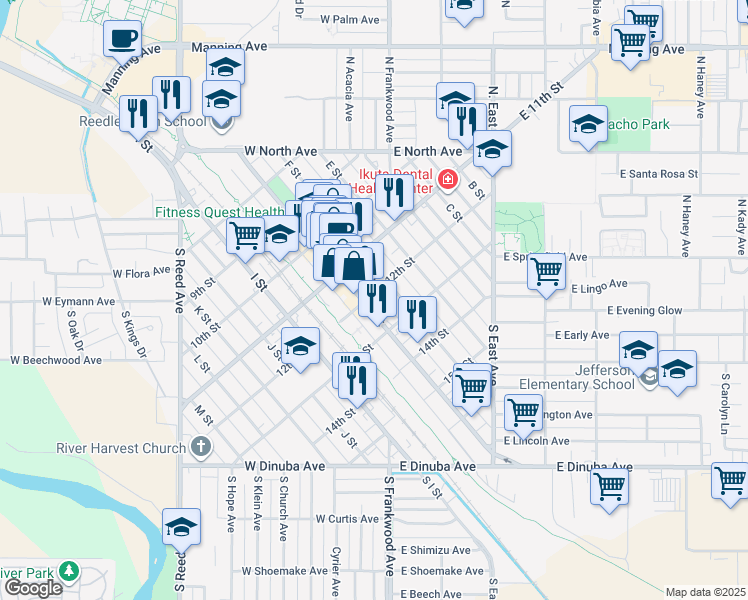 map of restaurants, bars, coffee shops, grocery stores, and more near 1680 12th Street in Reedley