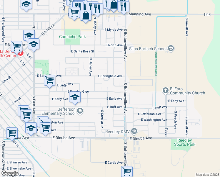 map of restaurants, bars, coffee shops, grocery stores, and more near 258 South Kady Avenue in Reedley
