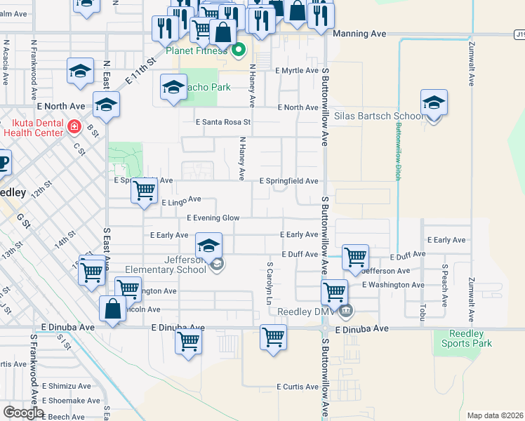 map of restaurants, bars, coffee shops, grocery stores, and more near 259 East Evening Glow Circle in Reedley