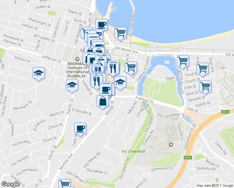map of restaurants, bars, coffee shops, grocery stores, and more near 437 Fremont St in Monterey