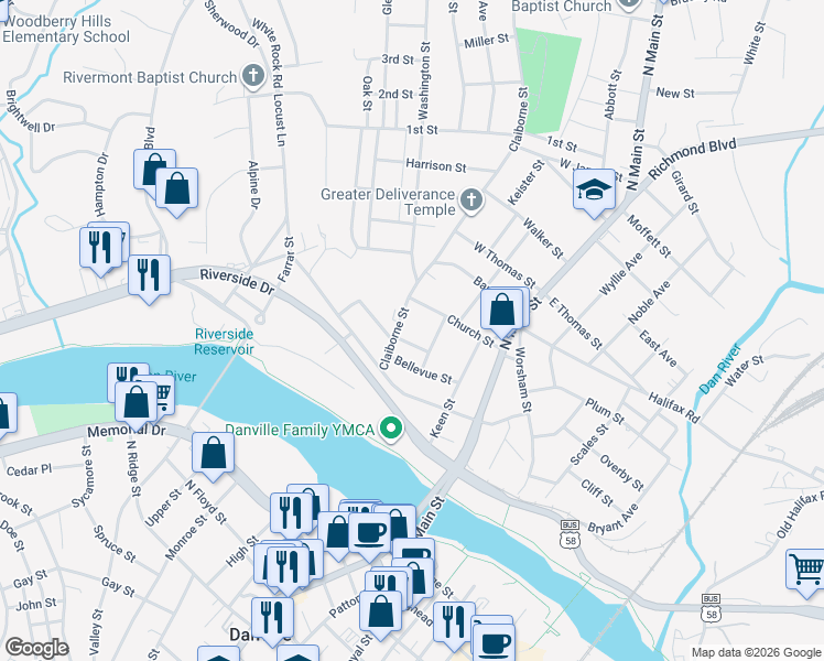 map of restaurants, bars, coffee shops, grocery stores, and more near 316 Richmond Avenue in Danville