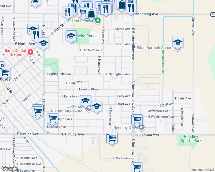 map of restaurants, bars, coffee shops, grocery stores, and more near 259 East Evening Glow Circle in Reedley