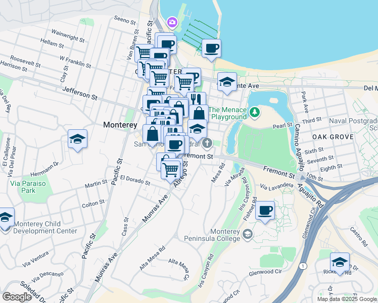 map of restaurants, bars, coffee shops, grocery stores, and more near 437 Fremont Street in Monterey
