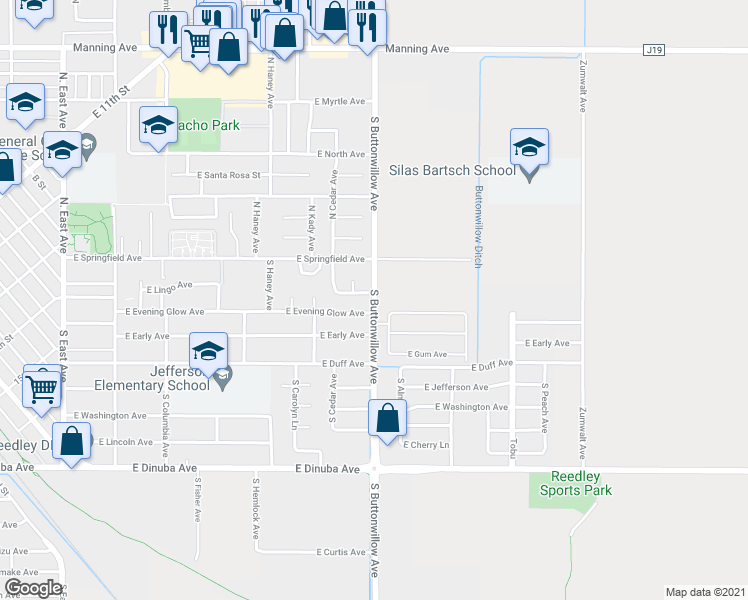 map of restaurants, bars, coffee shops, grocery stores, and more near 627 South Buttonwillow Avenue in Reedley
