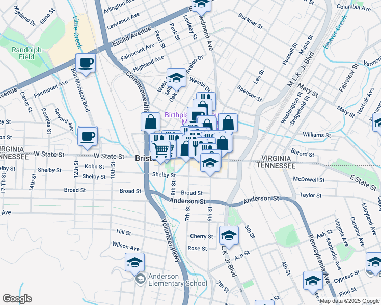 map of restaurants, bars, coffee shops, grocery stores, and more near 14 Piedmont Avenue in Bristol