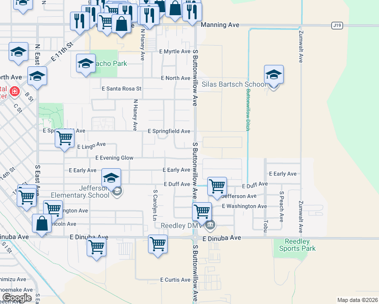 map of restaurants, bars, coffee shops, grocery stores, and more near 1659 East Lingo Avenue in Reedley