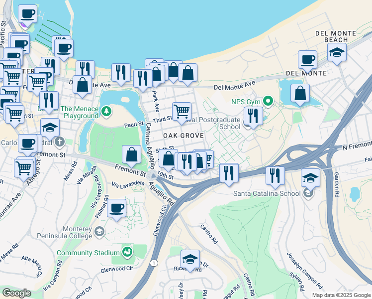 map of restaurants, bars, coffee shops, grocery stores, and more near 602 Ocean Avenue in Monterey