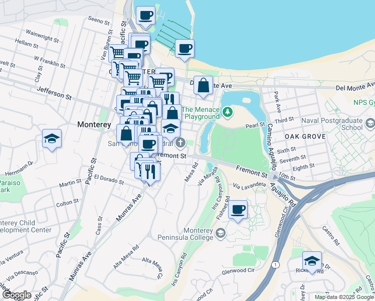 map of restaurants, bars, coffee shops, grocery stores, and more near 550 Church Street in Monterey