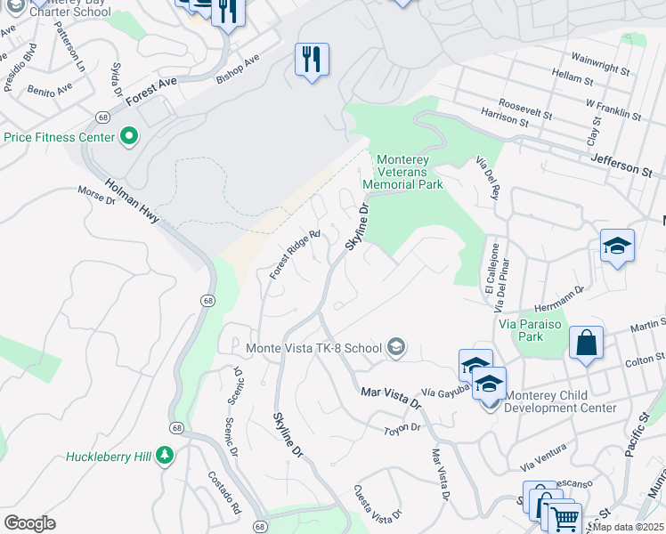 map of restaurants, bars, coffee shops, grocery stores, and more near Skyline Drive & Forest Ridge Road in Monterey