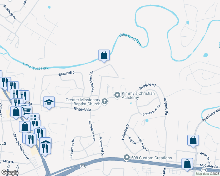 map of restaurants, bars, coffee shops, grocery stores, and more near 2113 Ringgold Court in Clarksville