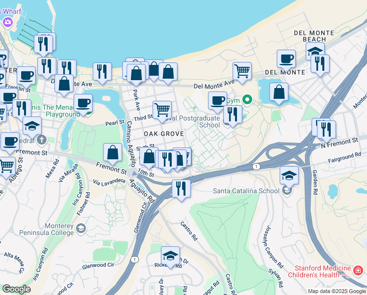 map of restaurants, bars, coffee shops, grocery stores, and more near 14 Seventh Street in Monterey