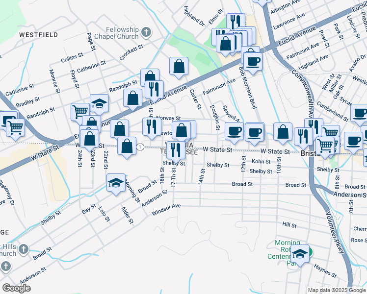 map of restaurants, bars, coffee shops, grocery stores, and more near 1611 West State Street in Bristol