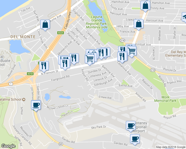 map of restaurants, bars, coffee shops, grocery stores, and more near 217 Littleness Avenue in Monterey