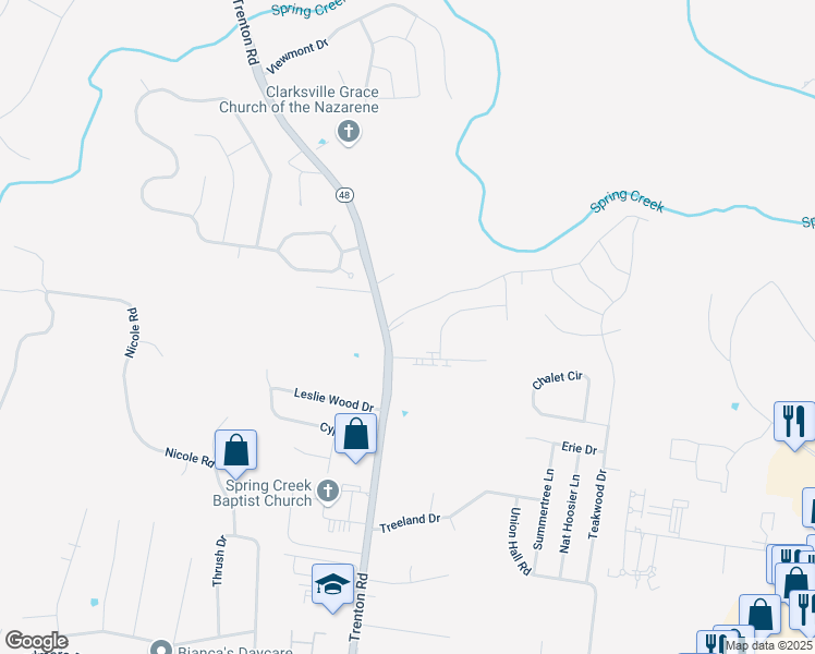 map of restaurants, bars, coffee shops, grocery stores, and more near 2971 Trenton Road in Clarksville