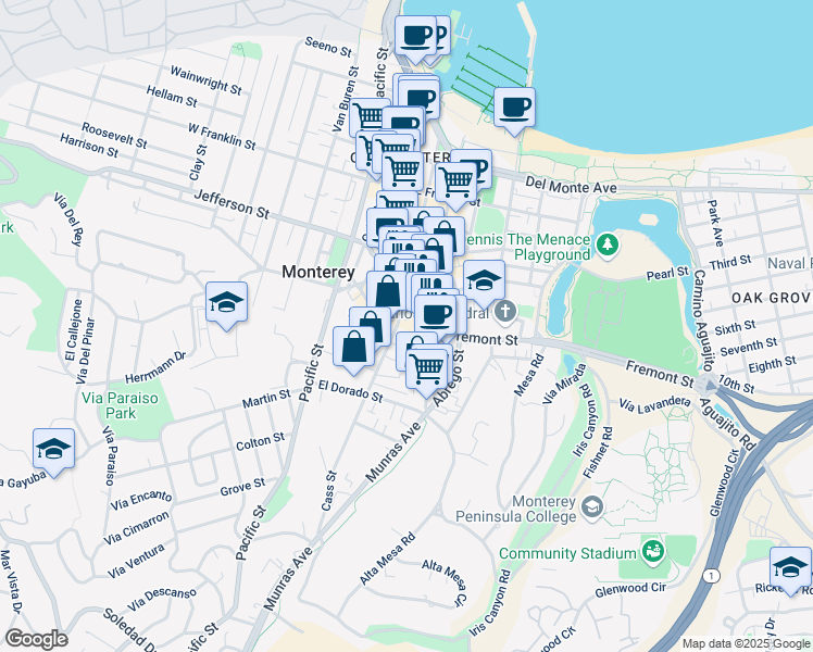 map of restaurants, bars, coffee shops, grocery stores, and more near 635 Cass Street in Monterey