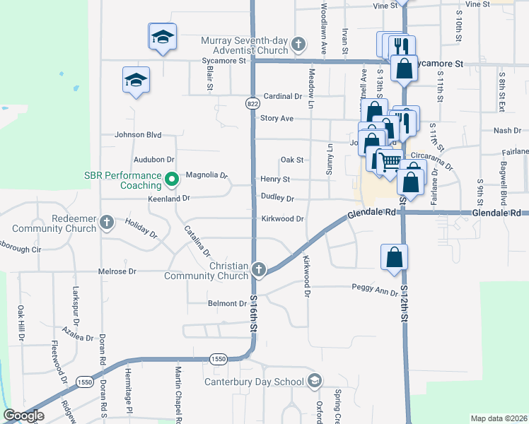 map of restaurants, bars, coffee shops, grocery stores, and more near 1512-1598 Kirkwood Drive in Murray