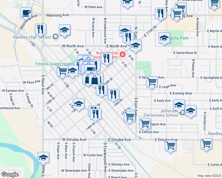 map of restaurants, bars, coffee shops, grocery stores, and more near 1240 F Street in Reedley
