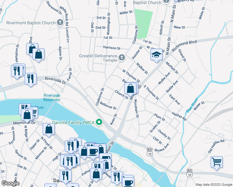 map of restaurants, bars, coffee shops, grocery stores, and more near 301 Church Street in Danville