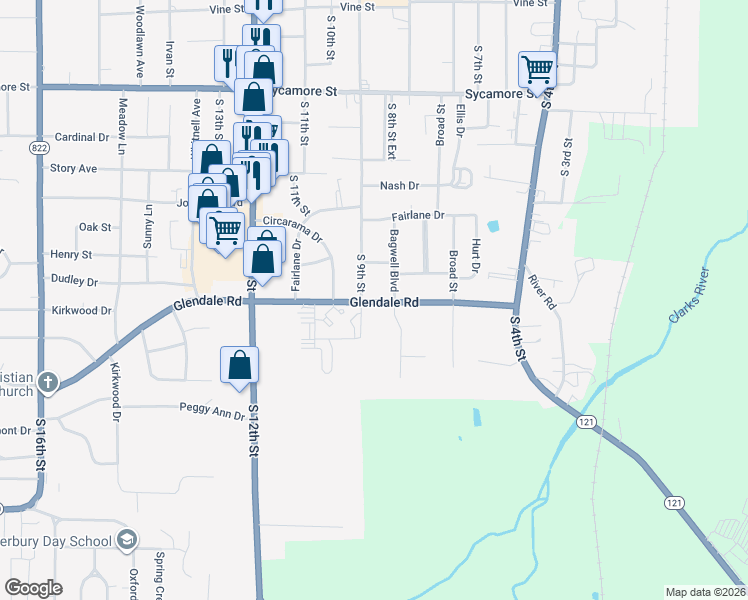 map of restaurants, bars, coffee shops, grocery stores, and more near 821 Glendale Road in Murray