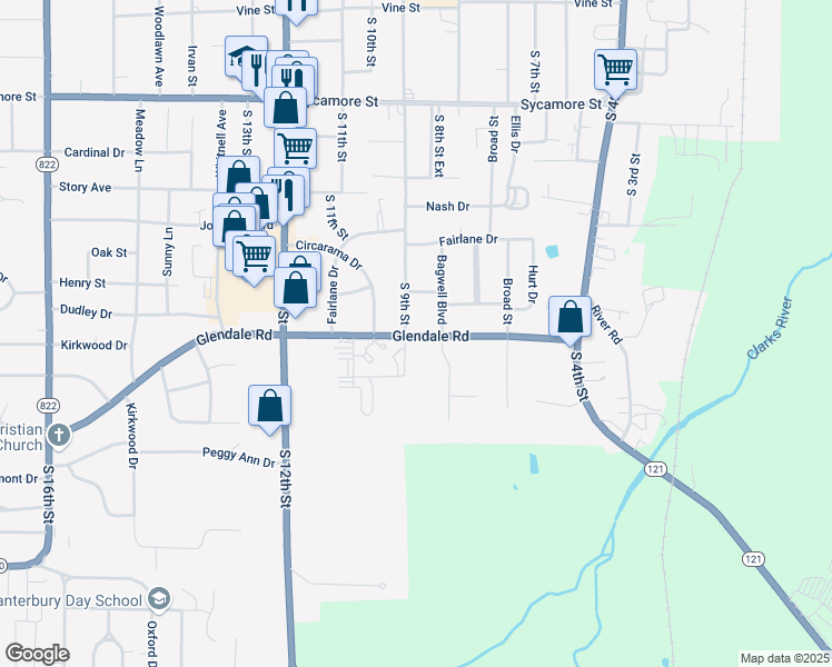 map of restaurants, bars, coffee shops, grocery stores, and more near 821 Glendale Road in Murray