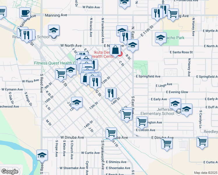 map of restaurants, bars, coffee shops, grocery stores, and more near 1240 F Street in Reedley