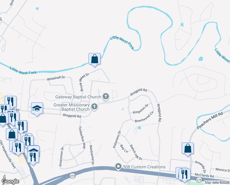 map of restaurants, bars, coffee shops, grocery stores, and more near 116 Waterwheel Circle in Clarksville