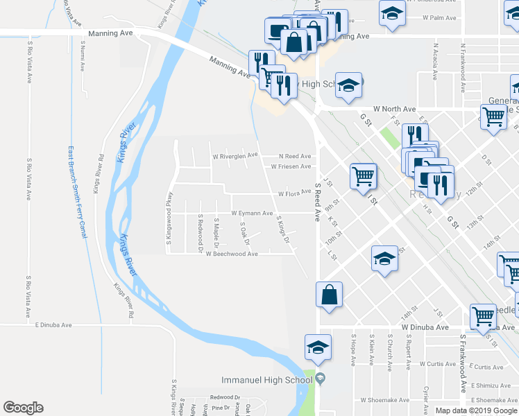 map of restaurants, bars, coffee shops, grocery stores, and more near 1218 West Eymann Avenue in Reedley