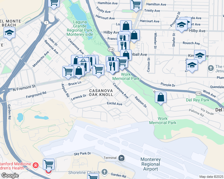 map of restaurants, bars, coffee shops, grocery stores, and more near 800 Casanova Avenue in Monterey
